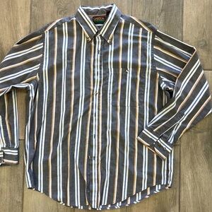 Oakton Shirt Men's Size L Gray Yellow White Striped Button Up Cotton Vintage